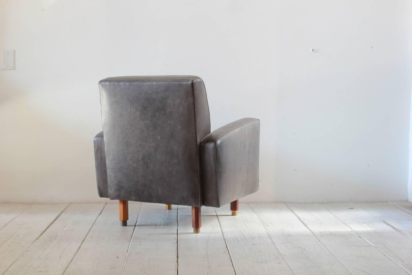 Mid-Century Modern Pair of Masculine Leather Club Chairs