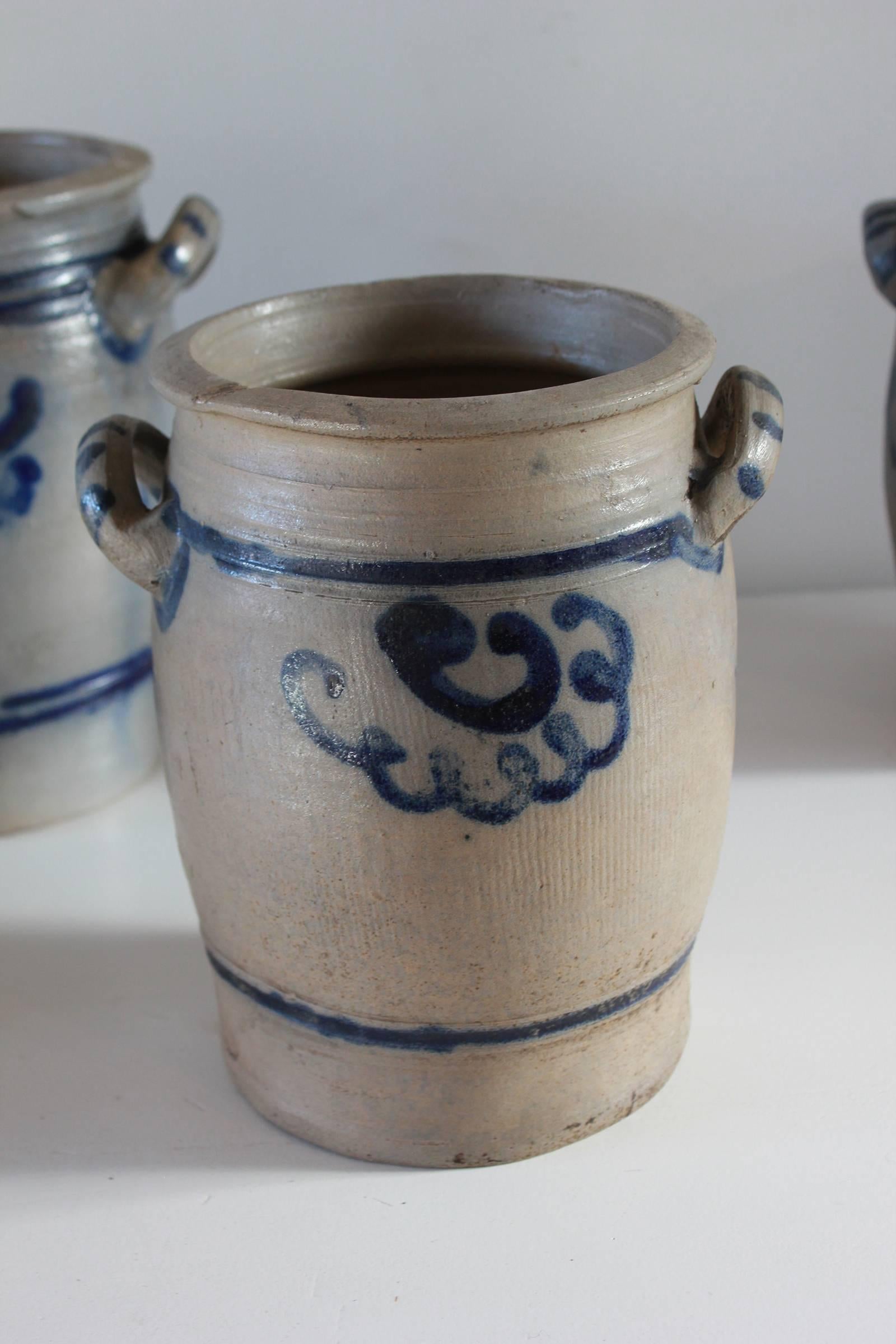 Rustic Vintage Salt Glazed Ceramic Jar with Blue Floral Details