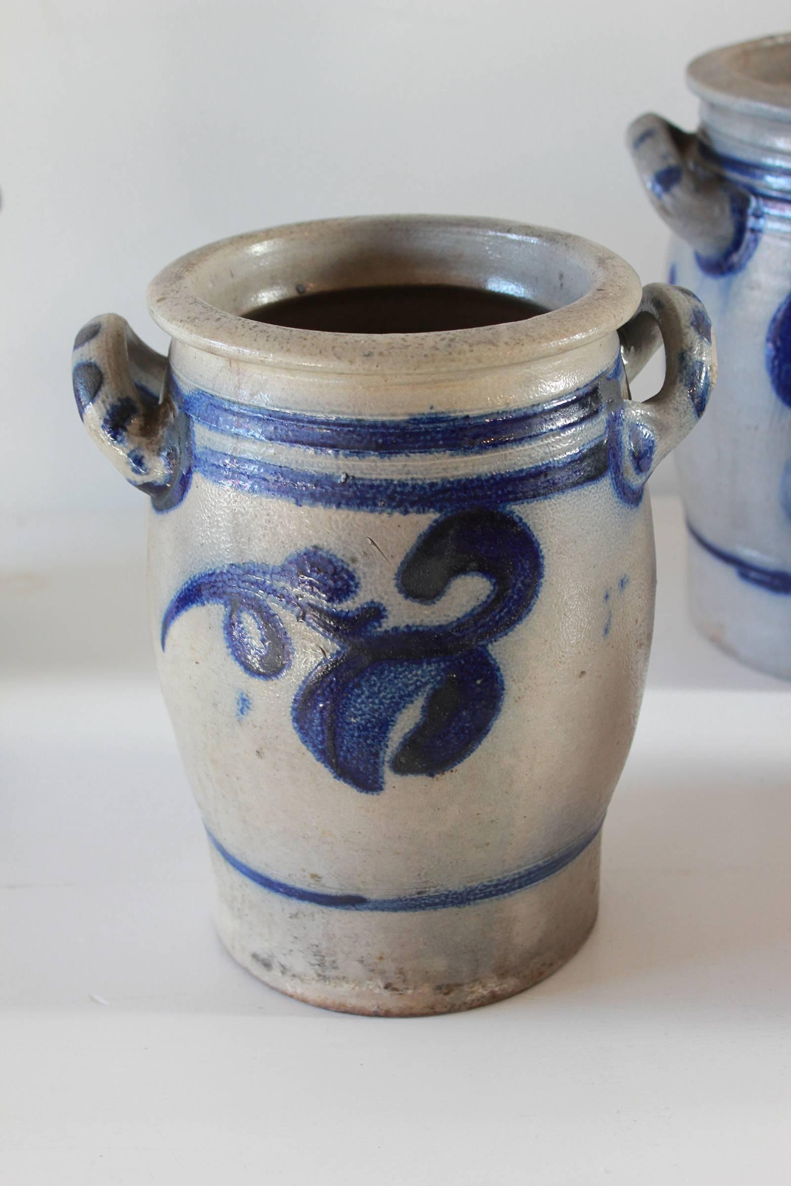 Vintage Salt Glazed Ceramic Jar with Blue Floral Details In Good Condition In Los Angeles, CA