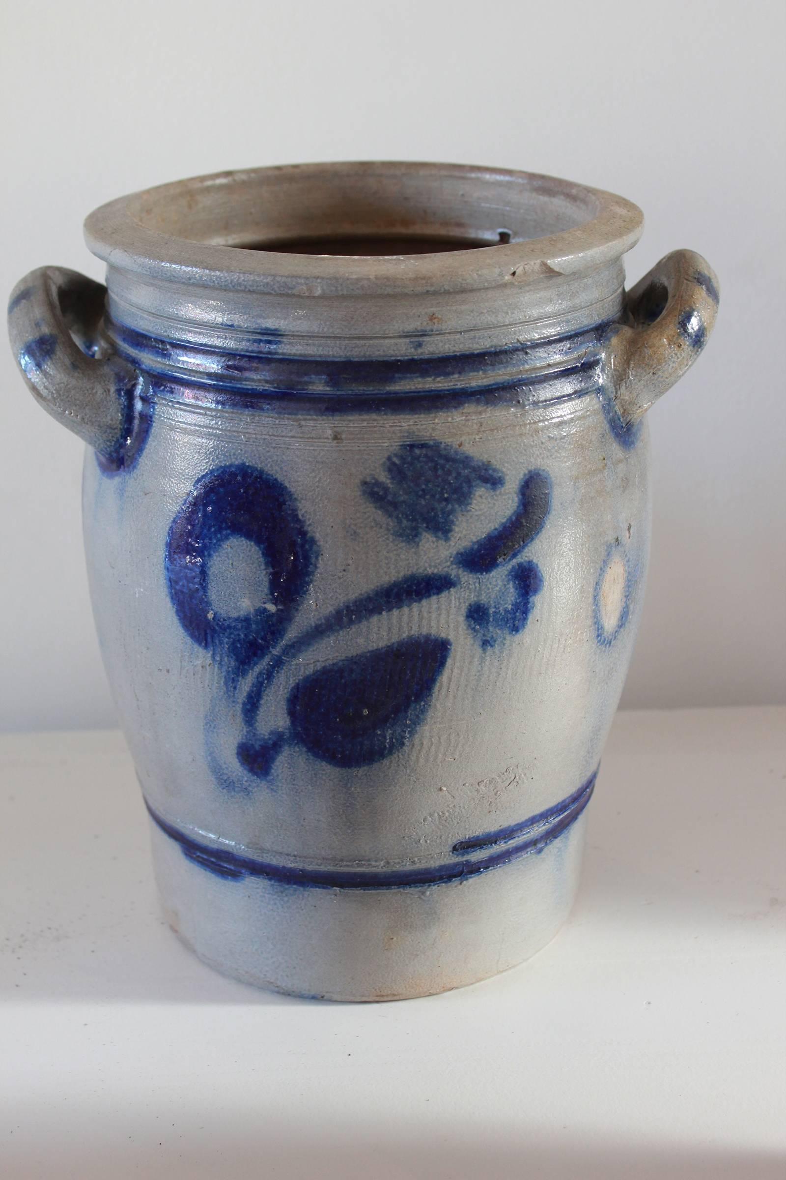 20th Century Vintage Salt Glazed Ceramic Jar with Blue Floral Details