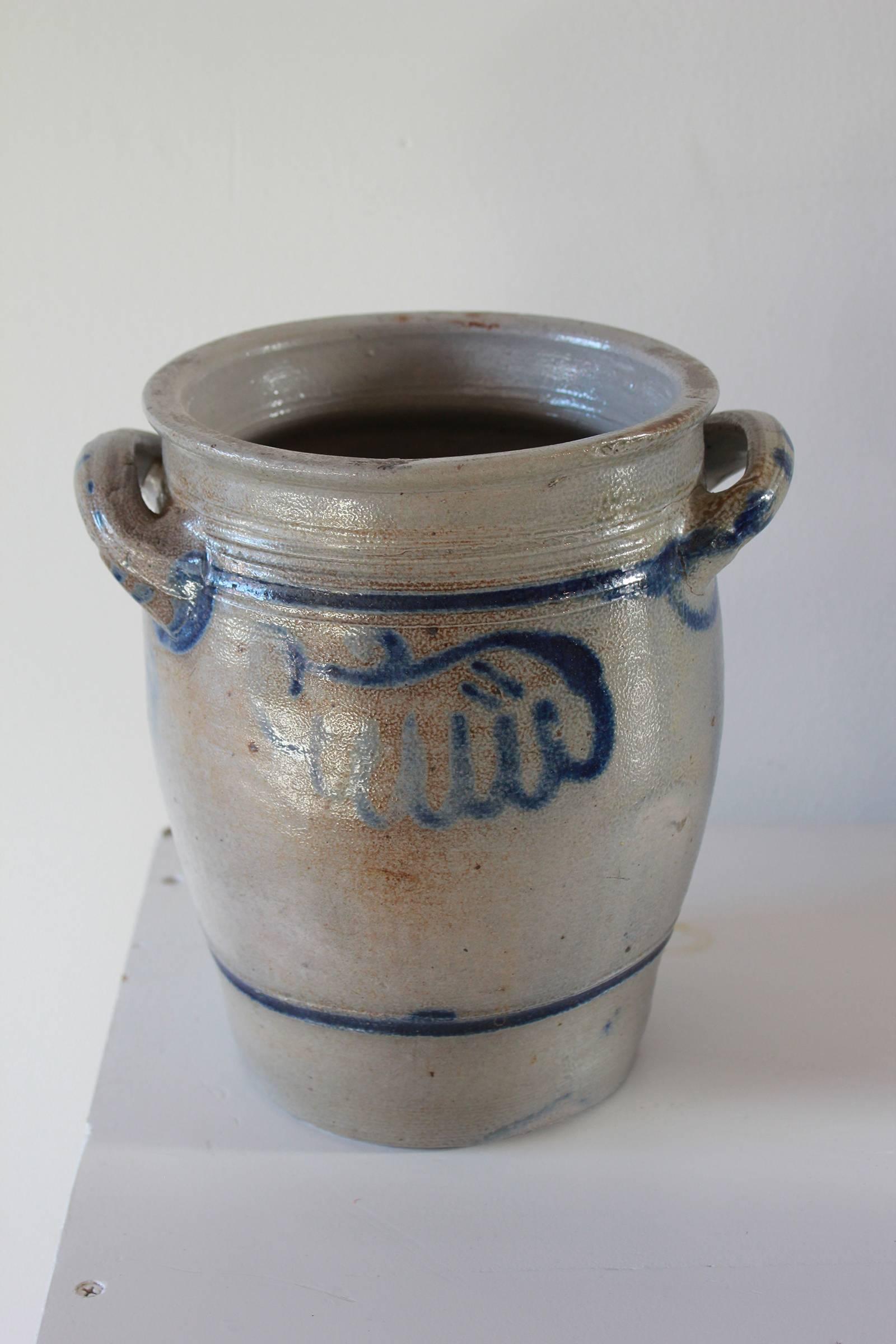 Vintage Salt Glazed Ceramic Jar with Blue Floral Details 1