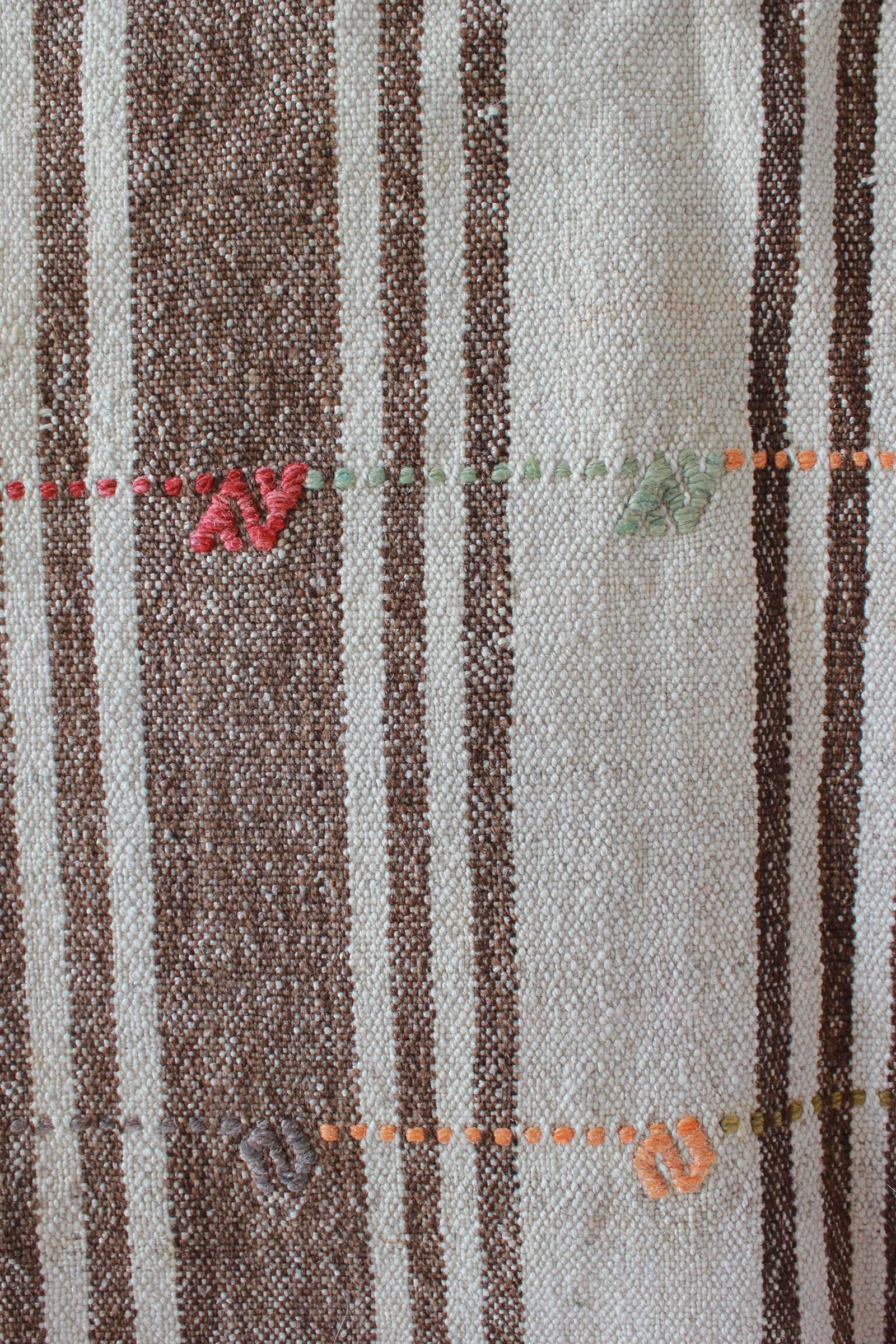 Turkish Brown and Natural Striped Rug with Pink and Orange Details 1
