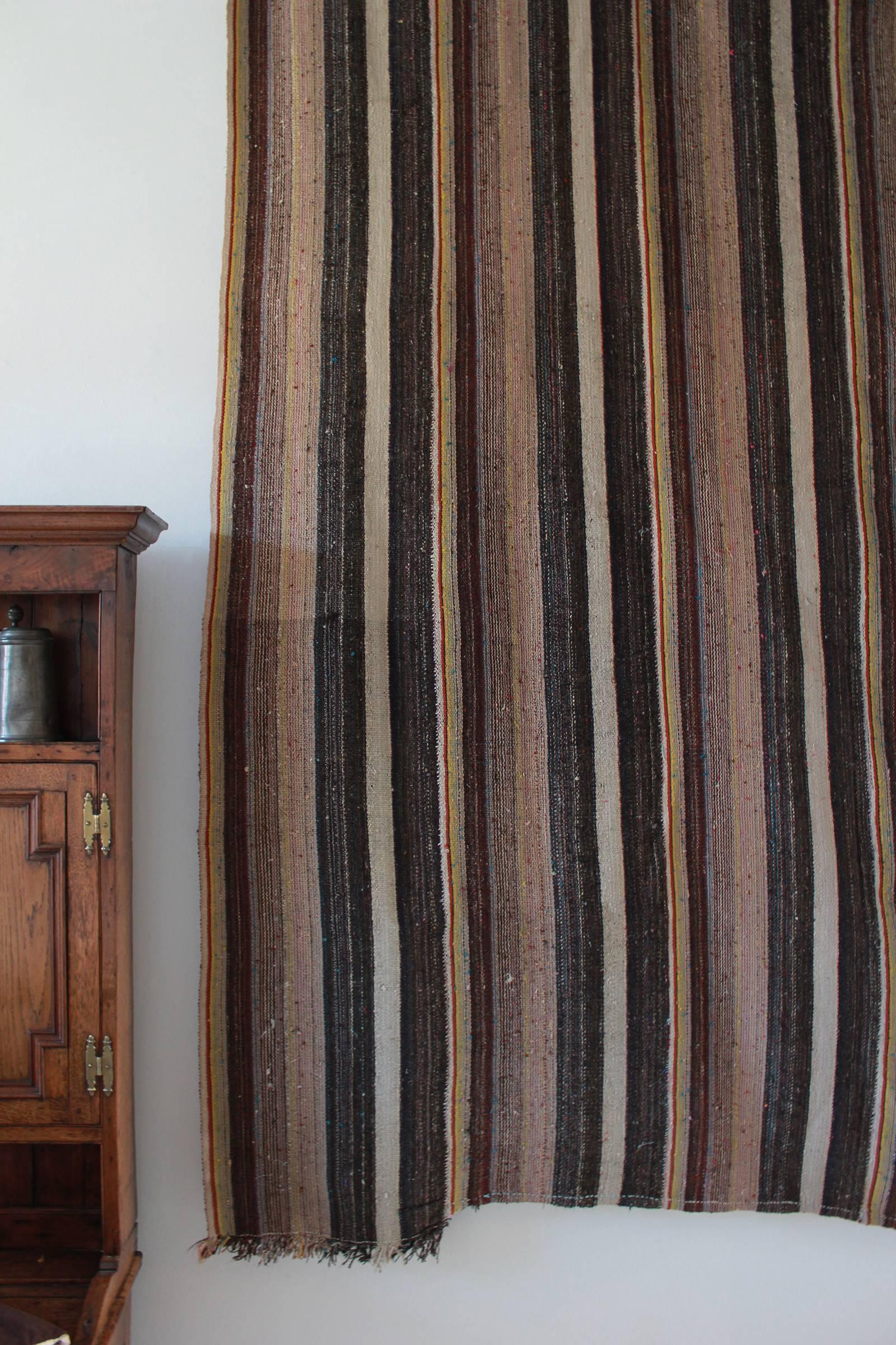 Mid-20th Century Rustic Flat-Woven Wool Striped Rug