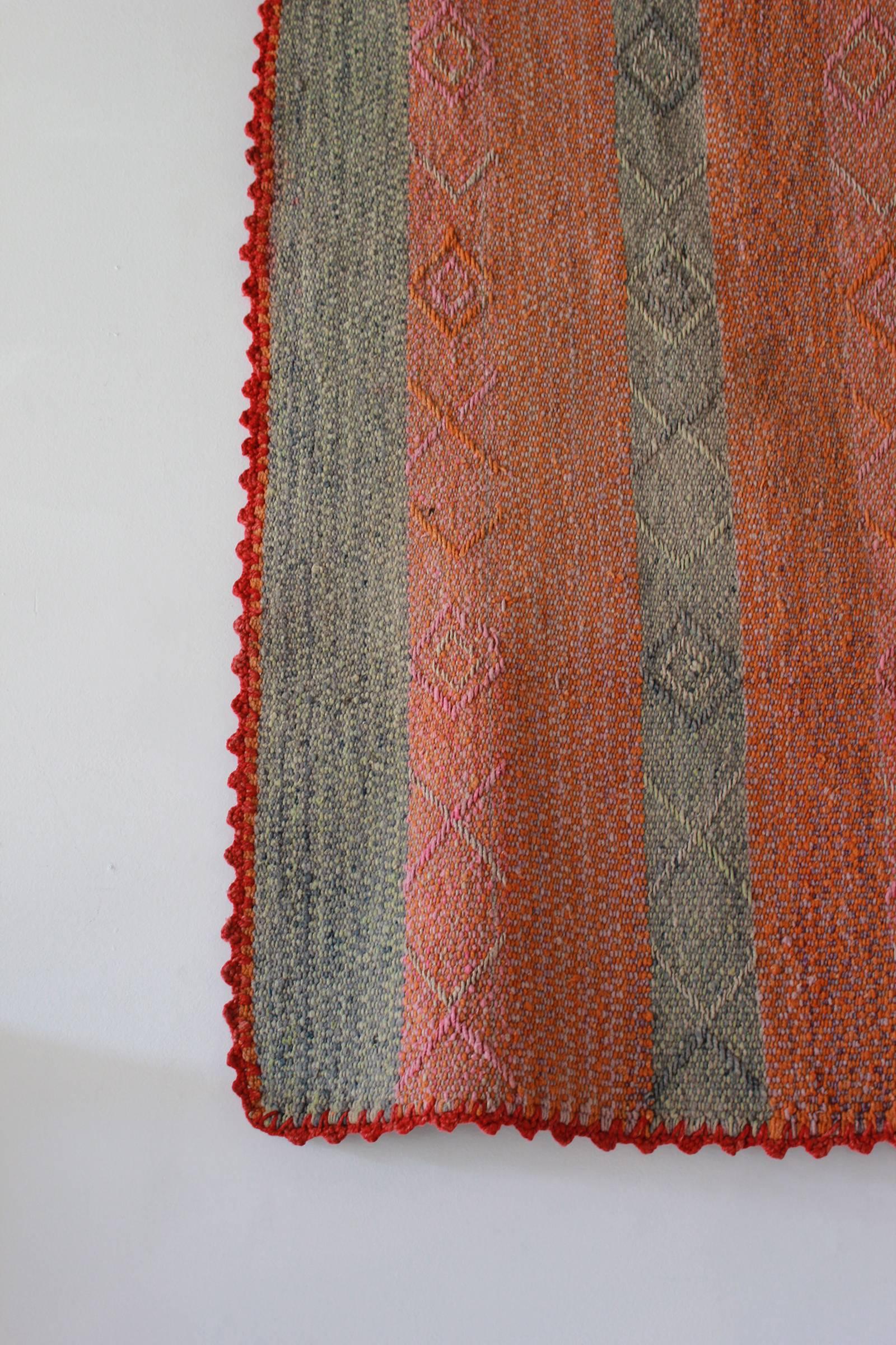 Peruvian Striped Orange Pink and Sage Colored Cuzco Wool Textile In Distressed Condition In Los Angeles, CA