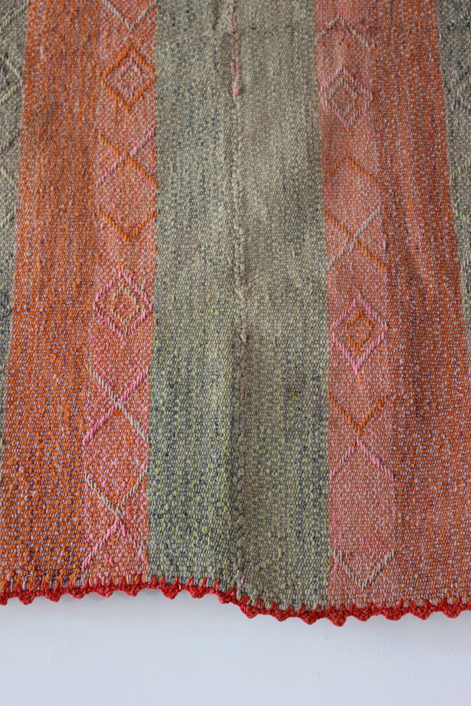Mid-20th Century Peruvian Striped Orange Pink and Sage Colored Cuzco Wool Textile