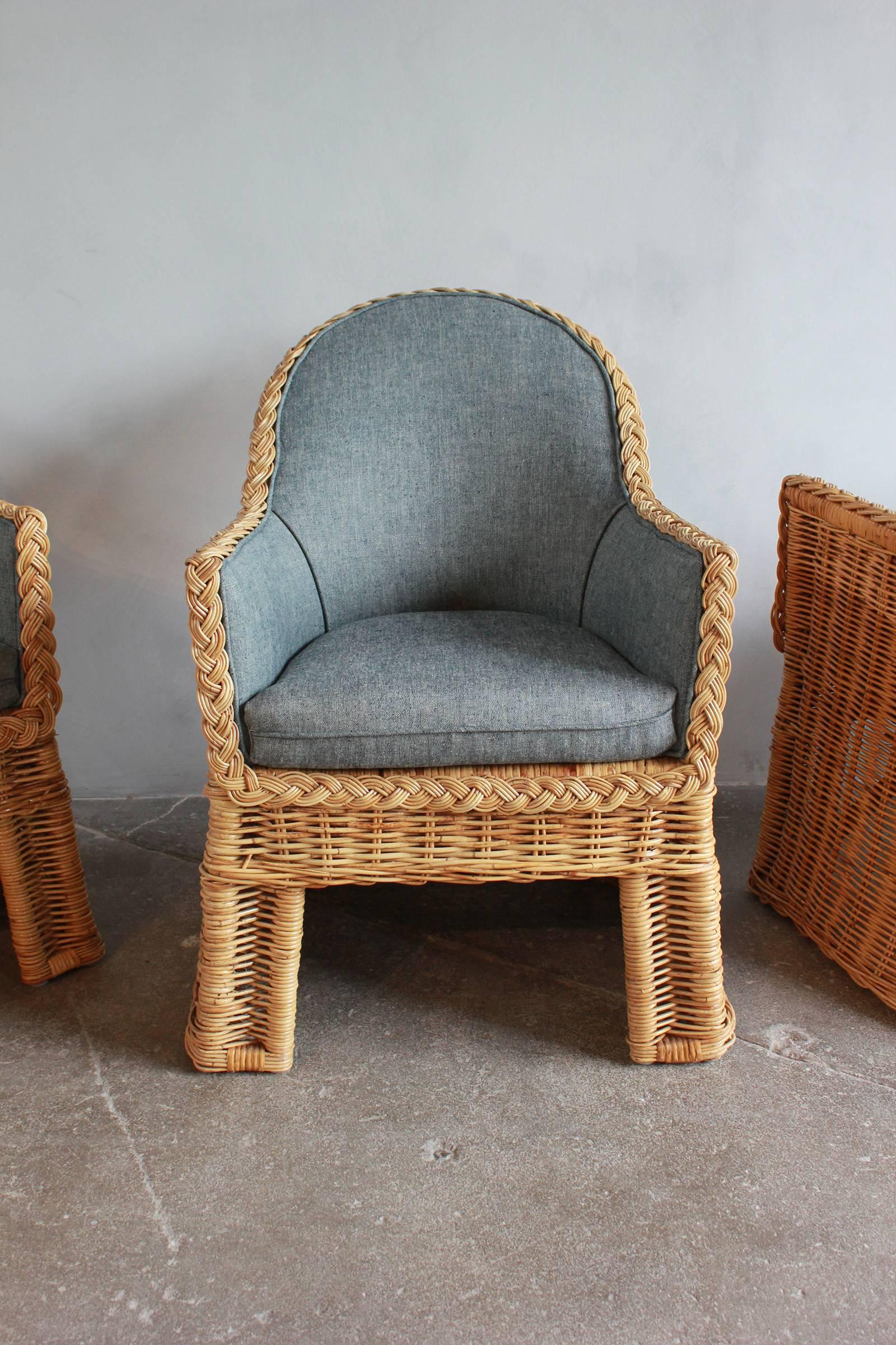 Late 20th Century Set of Four Oversized Wicker Dining Chairs Upholstered in Reverse Denim