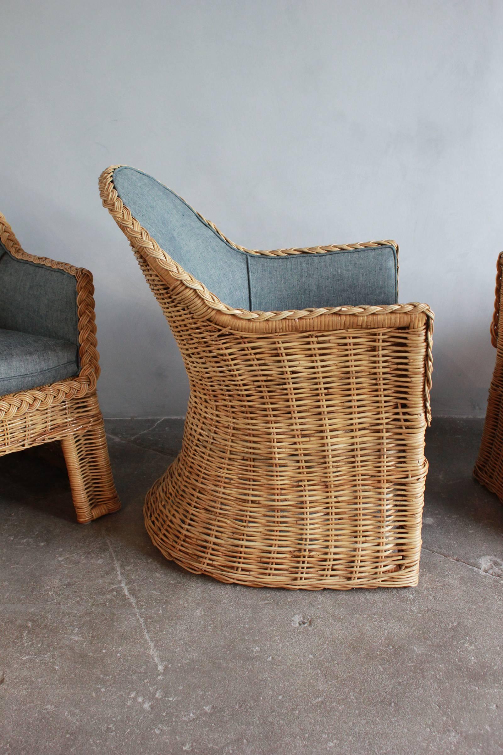 Set of Four Oversized Wicker Dining Chairs Upholstered in Reverse Denim 1