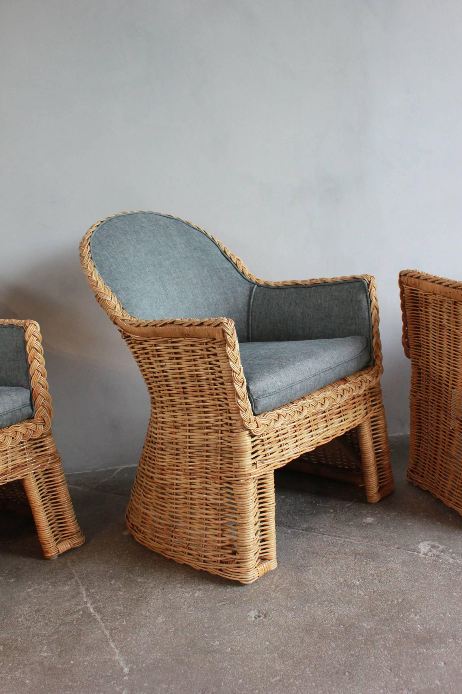 Set of Four Oversized Wicker Dining Chairs Upholstered in Reverse Denim 2