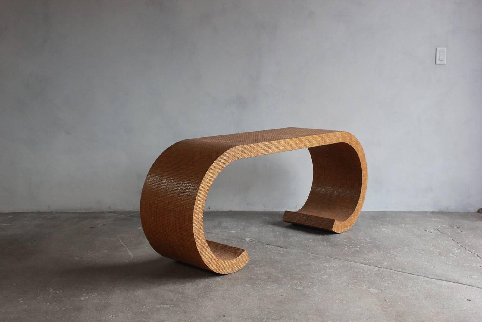Karl Springer Style Curved Lacquered Grasscloth Console In Distressed Condition In Los Angeles, CA