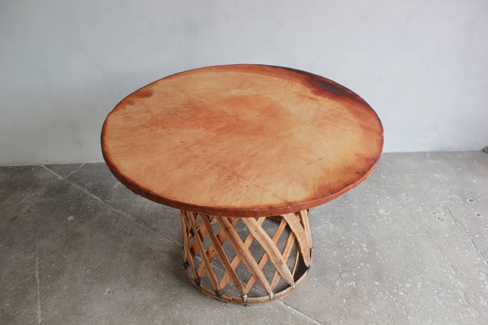 Mexican Leather Wrapped Round Table with Four Equipale Chairs In Distressed Condition In Los Angeles, CA