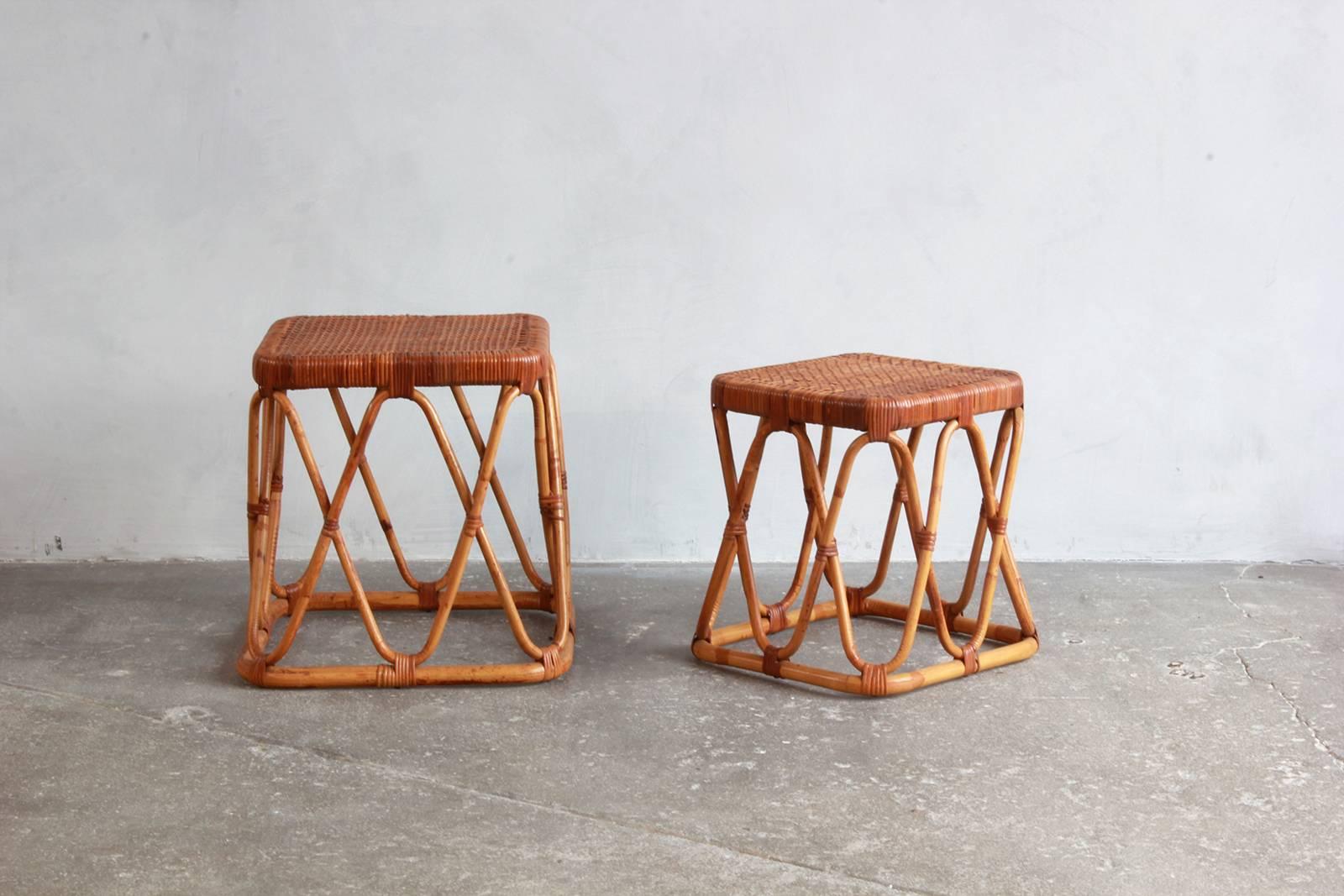 Pair of square wicker nesting tables. Large table is: 16