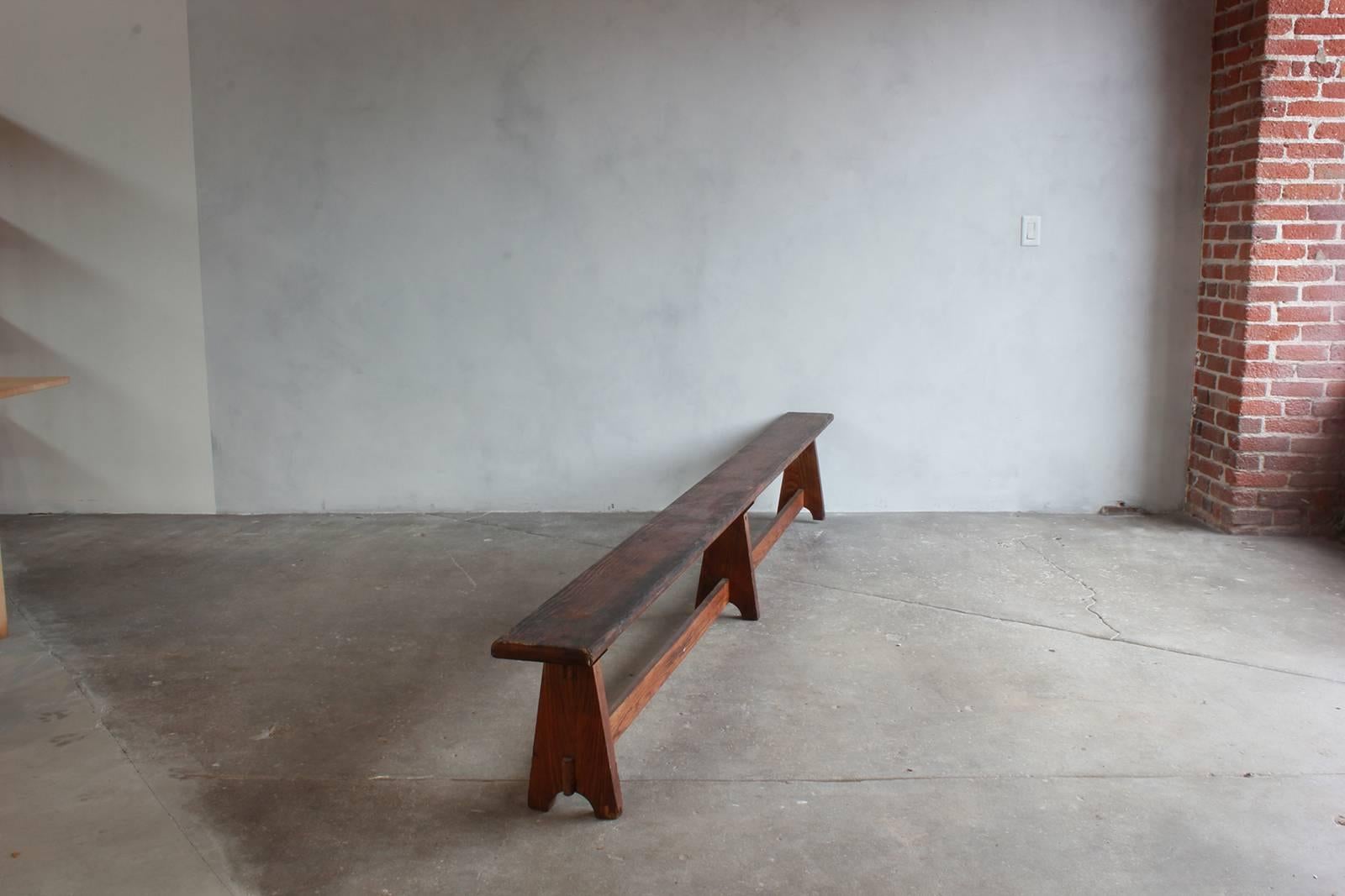 Long Rustic Bench with Middle Leg In Distressed Condition In Los Angeles, CA