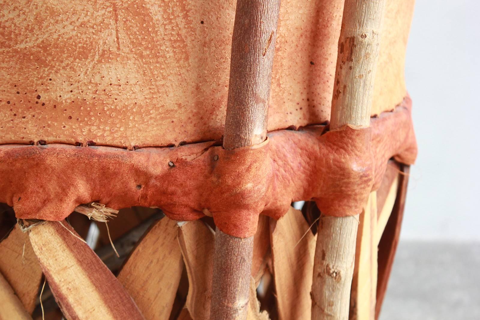 Set of Four Mexican Equipale Wood and Leather Chairs In Distressed Condition In Los Angeles, CA