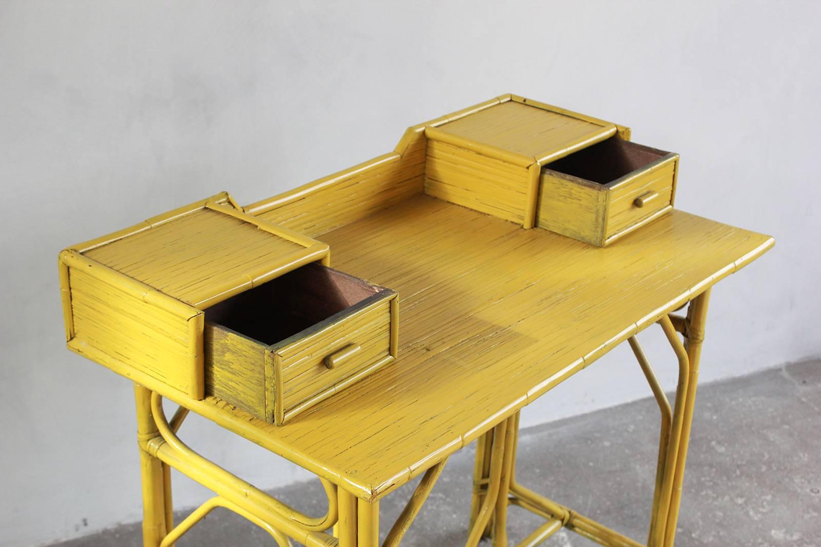 Mid-20th Century Yellow Painted Bamboo Writing Desk