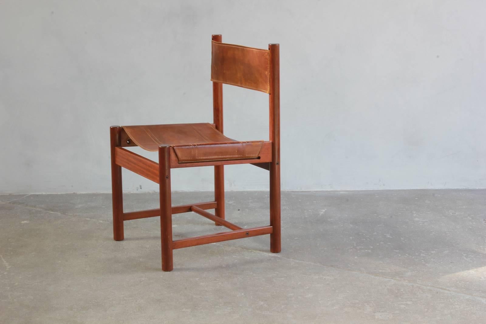 Mid-Century Modern Set of Four Leather and Wood Michel Arnoult Dining Chairs