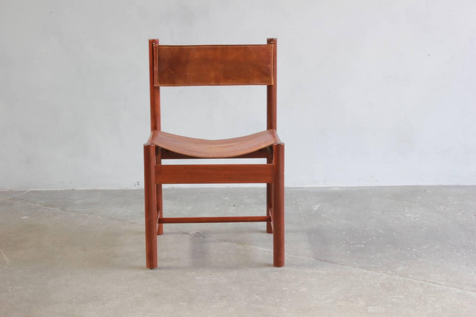 Set of Four Leather and Wood Michel Arnoult Dining Chairs In Distressed Condition In Los Angeles, CA