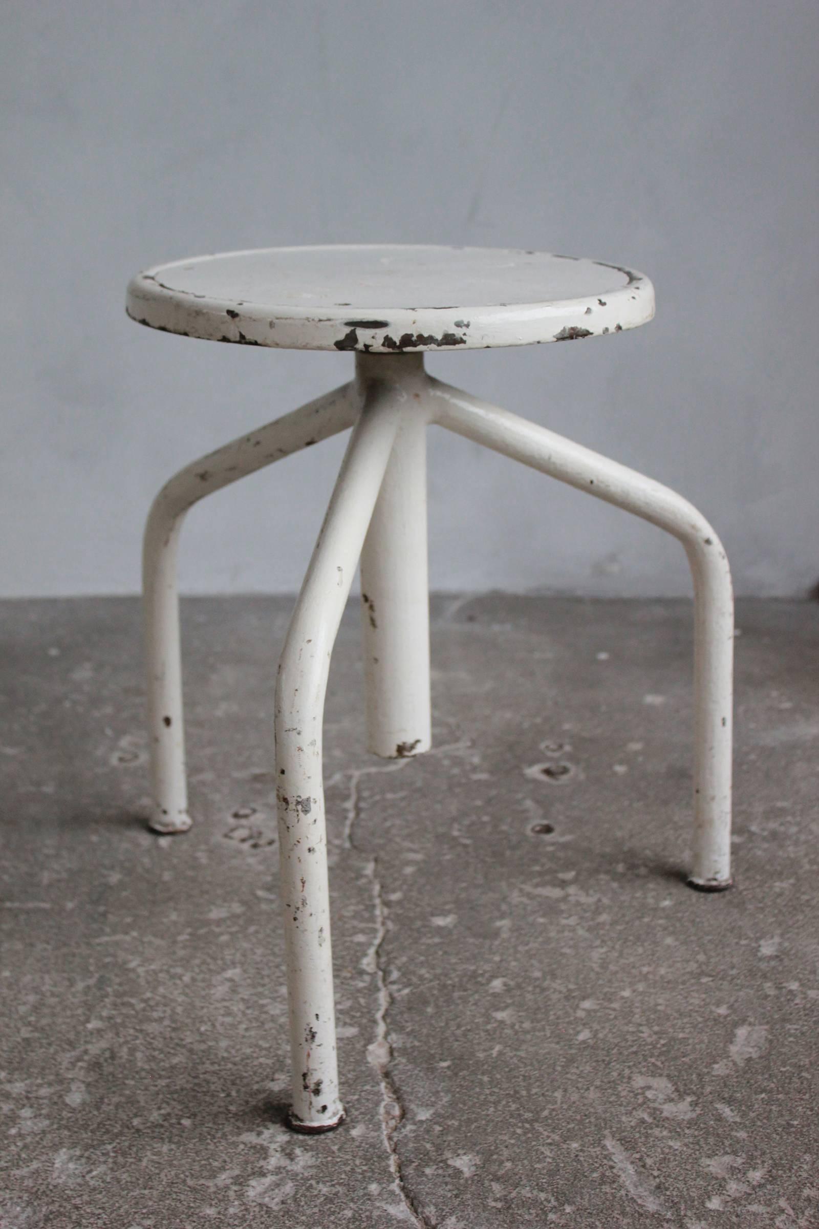 White Painted Wood and Metal Swivel Stools In Distressed Condition In Los Angeles, CA