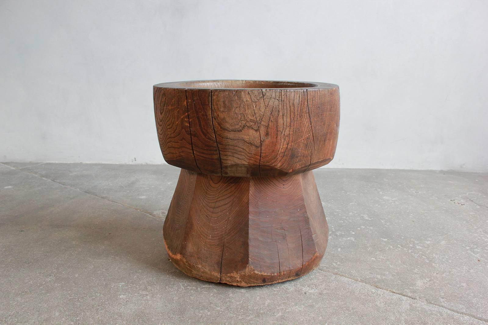 Large Solid Wood Mortar In Distressed Condition In Los Angeles, CA