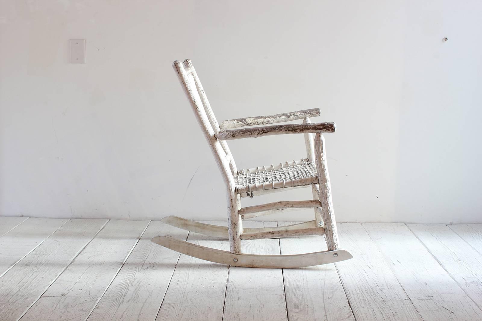 Mid-20th Century Wood Painted Rocking Chair with Rope Seat