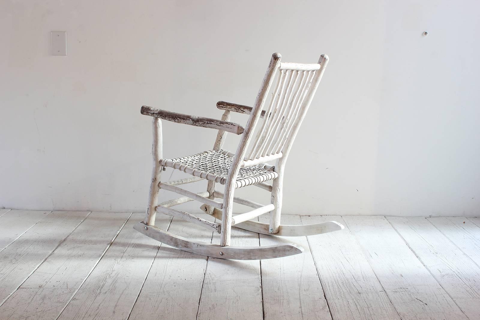 Wood Painted Rocking Chair with Rope Seat In Distressed Condition In Los Angeles, CA