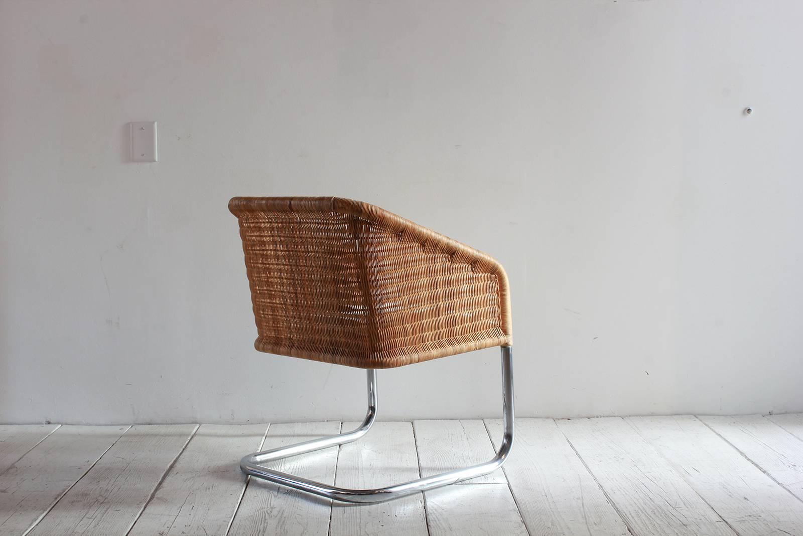 Mid-Century Modern Set of Six Wicker and Chrome Basket Chairs