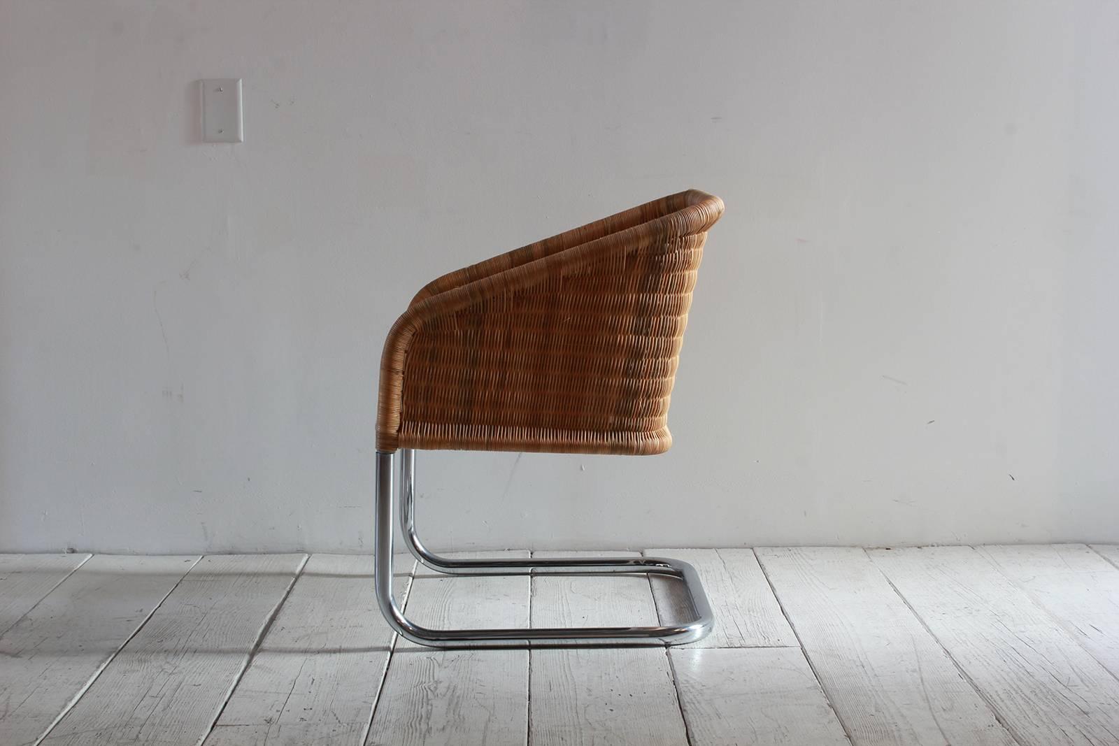 Mid-20th Century Set of Six Wicker and Chrome Basket Chairs
