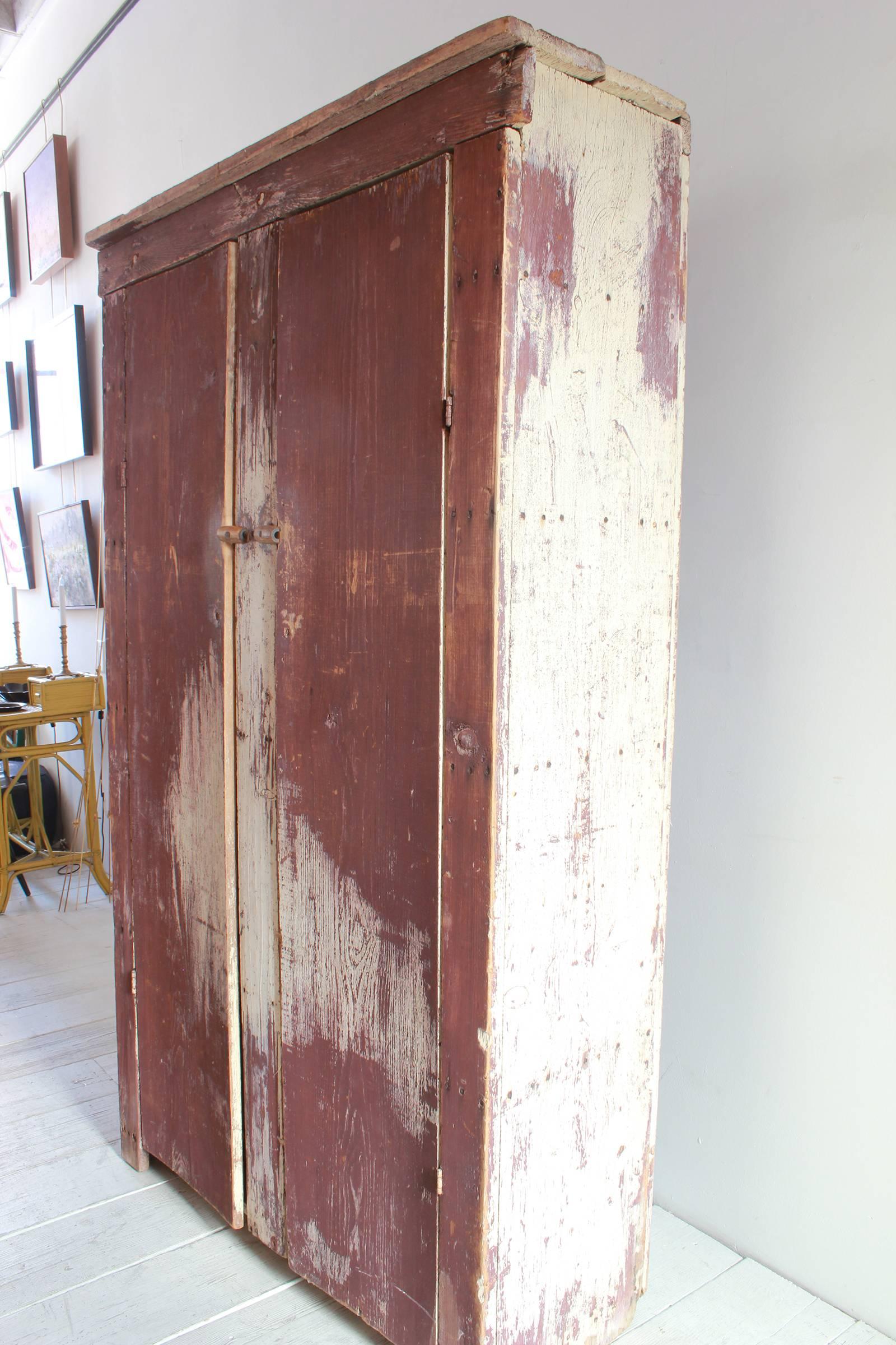 Tall Rustic Two Door Painted Cabinet In Distressed Condition In Los Angeles, CA