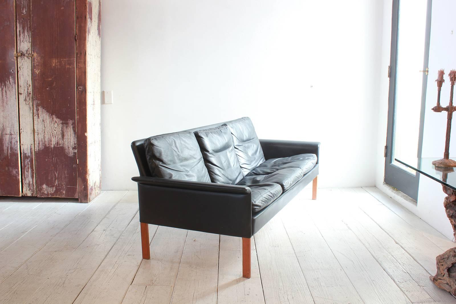 Mid-Century Modern Hans Olsen Style Black Leather Sofa