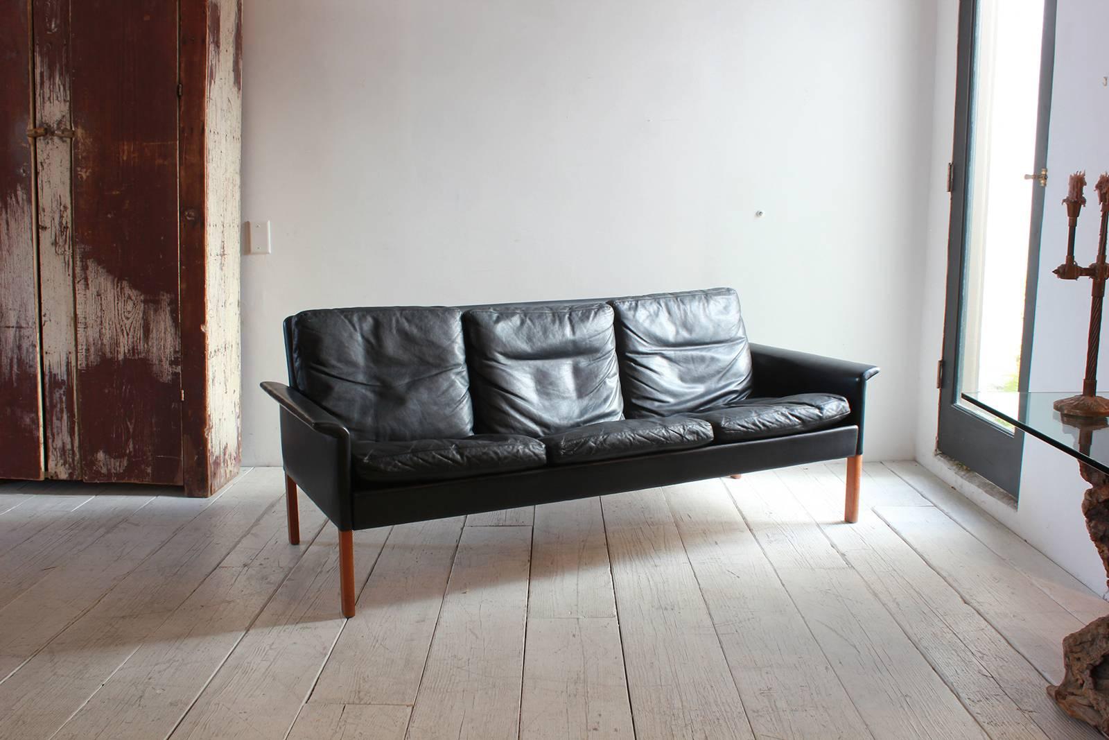 Danish Hans Olsen Style Black Leather Sofa