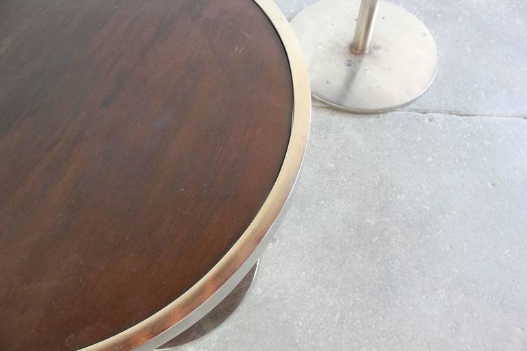 Pair of Walnut Side Tables with Metal Frames on a Single Pedestal Base