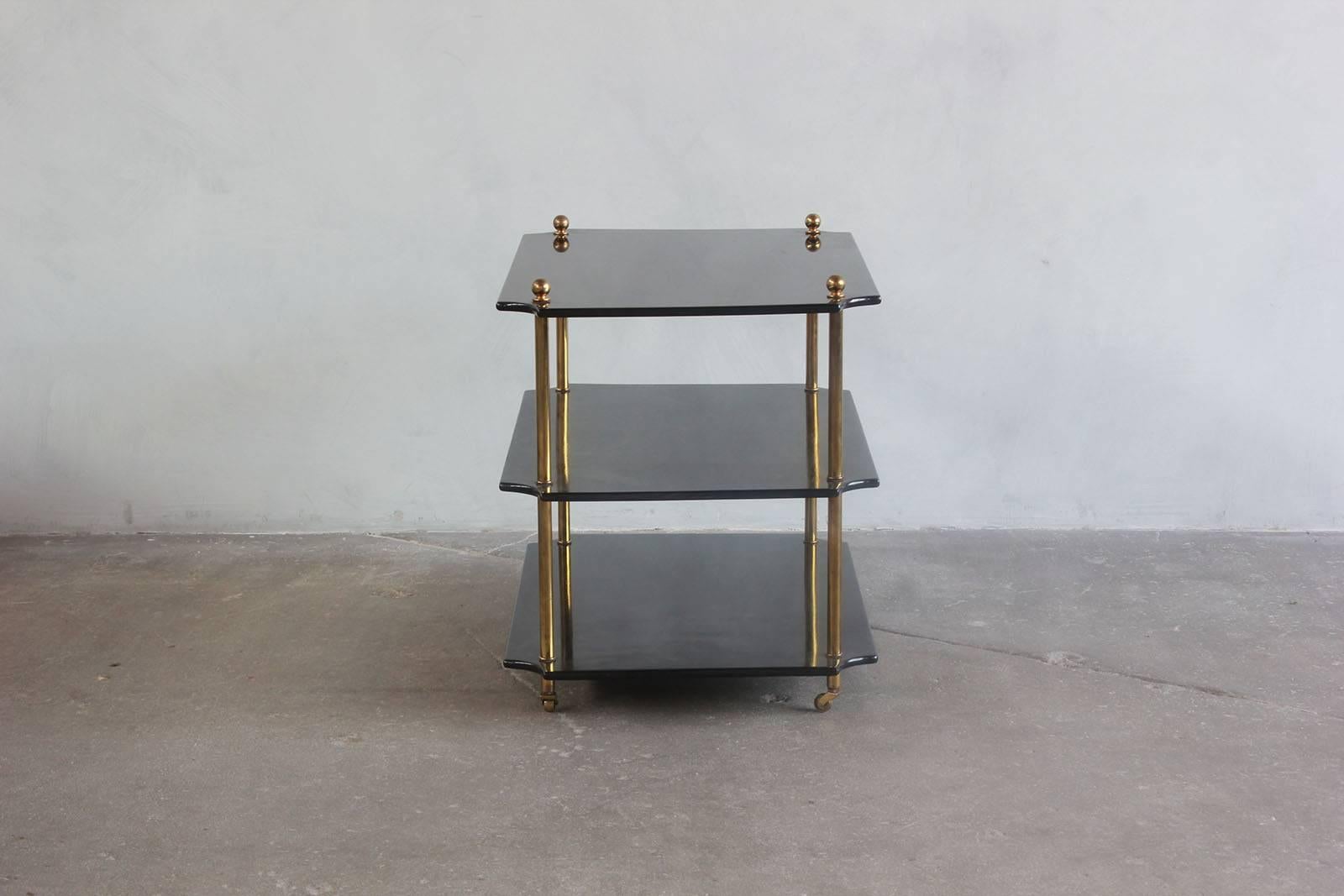 Mid-20th Century Pair of Black Lacquered Three-Tiered Side Tables