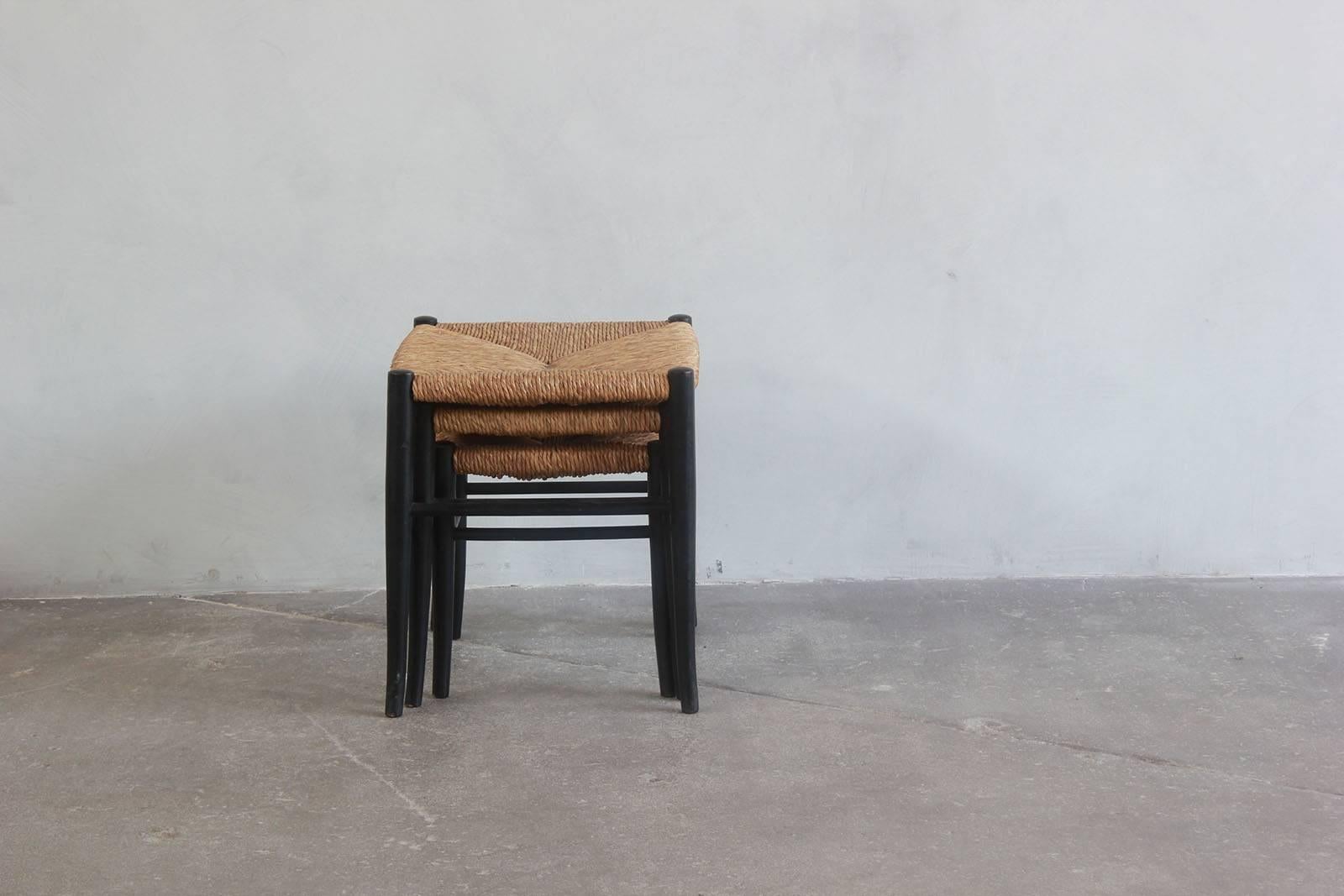 Mid-20th Century Set of Three Wicker and Black Nesting Tables