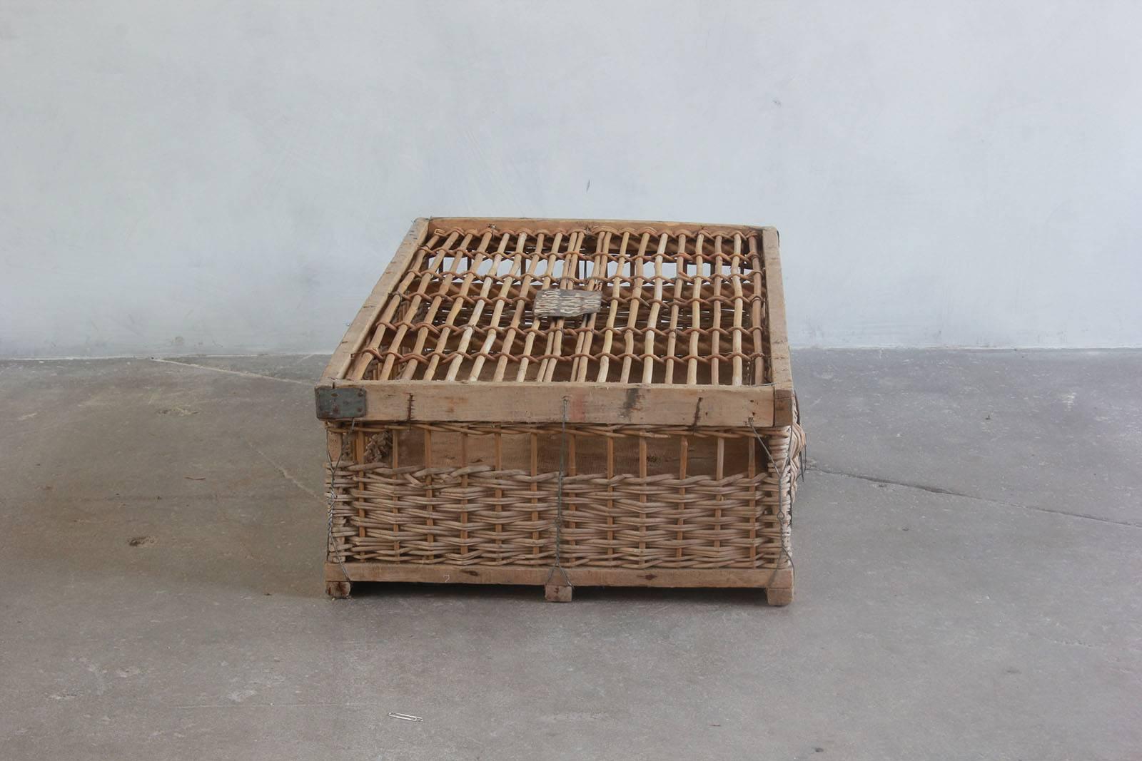 Woven pigeon crate with painted and metal details.