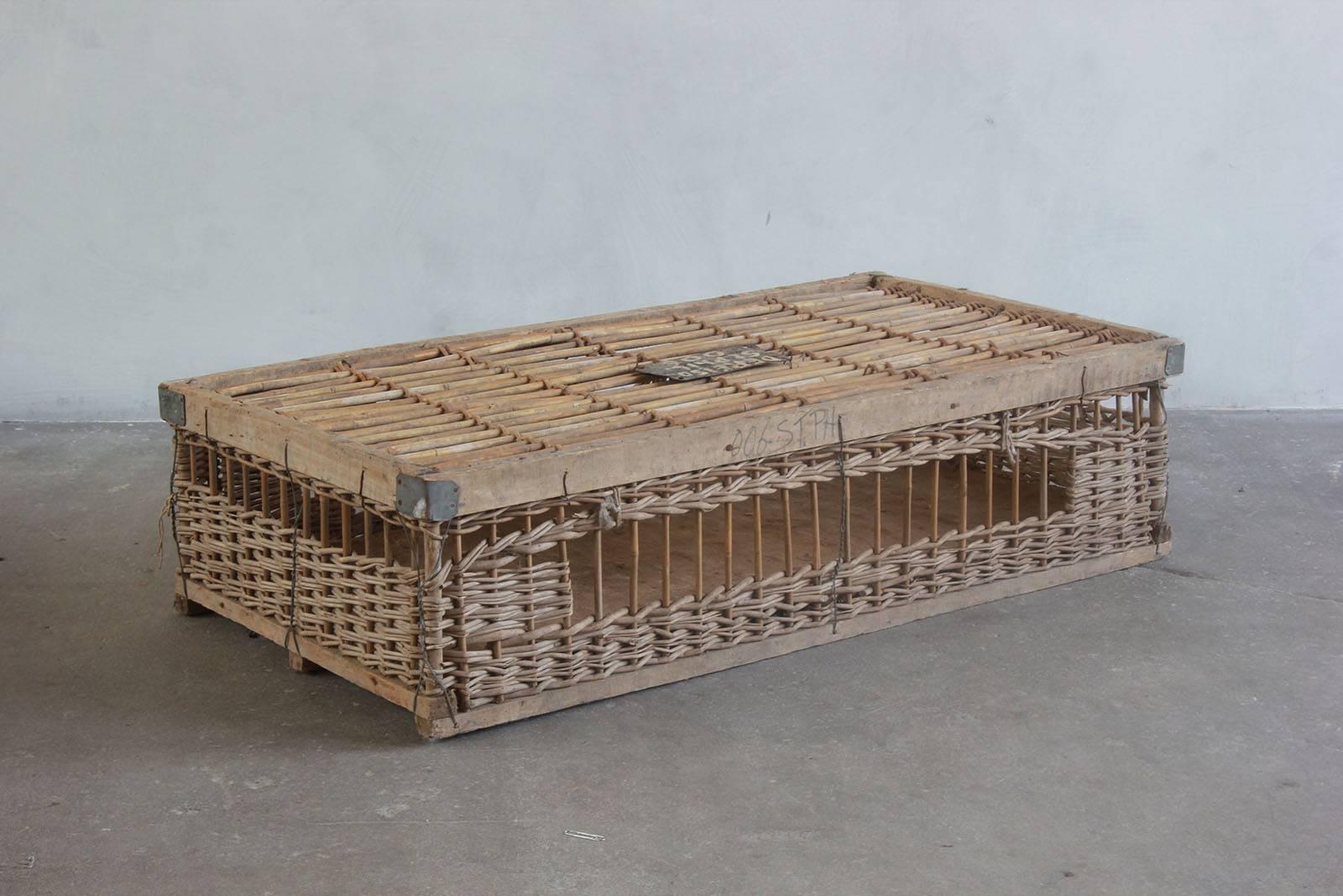 Woven Pigeon Crate with Painted and Metal Details In Distressed Condition In Los Angeles, CA