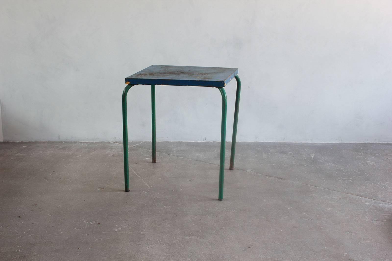 Tall Metal Blue and Green Painted Table In Distressed Condition In Los Angeles, CA