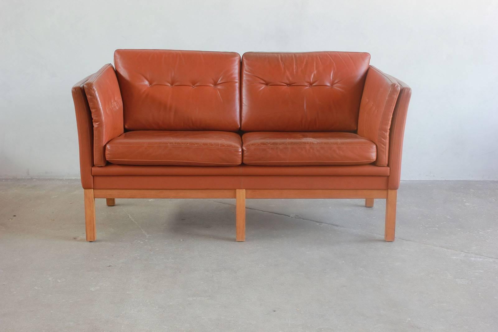 Danish Leather Two-Seat Settee with Oak Frame  1