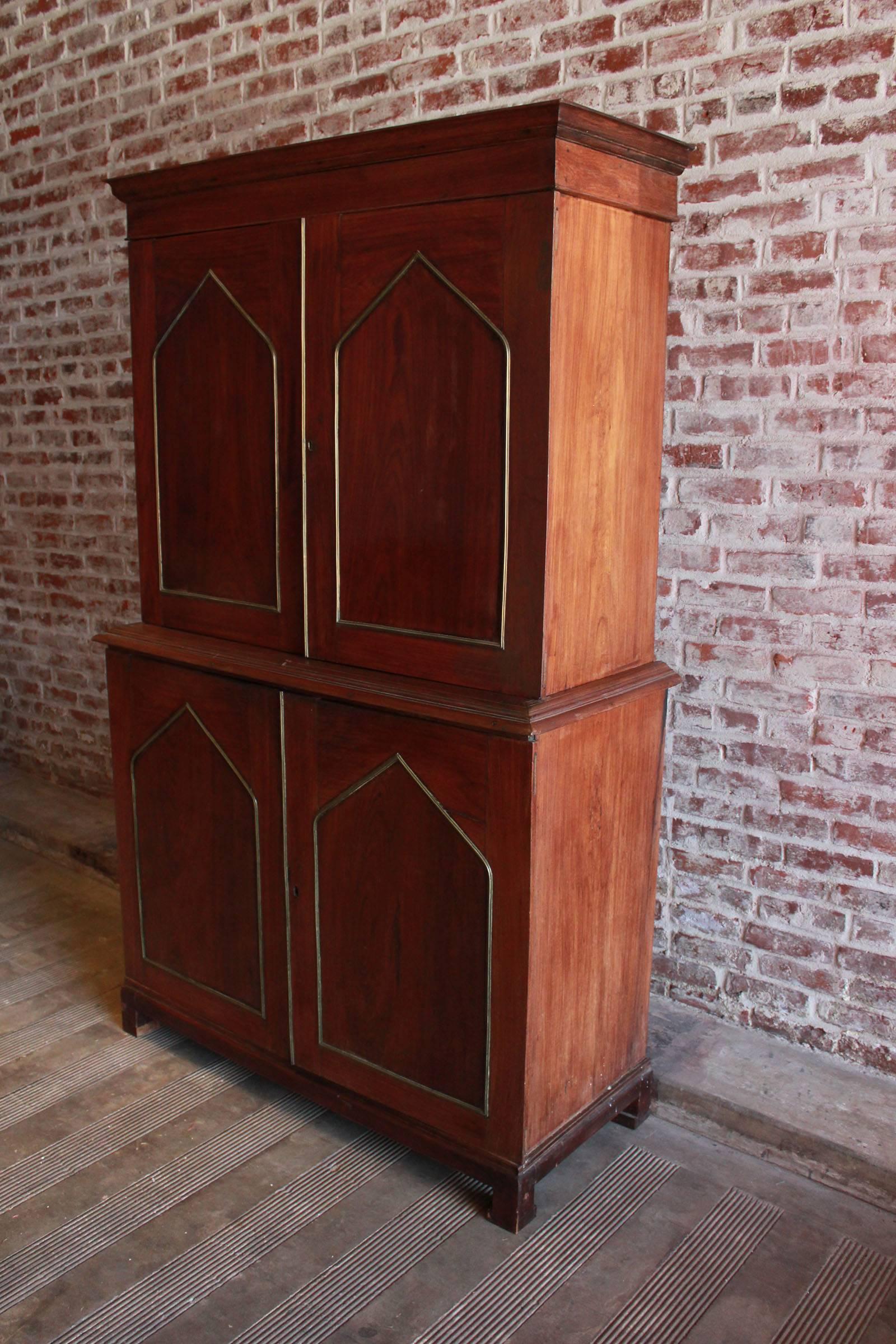 Mahogany Neo-Gothic Linen Press Cabinet with Brass Inlay 3