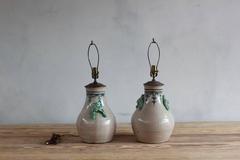 Pair of Ceramic Lamps with Celadon Glazed Embellishments and Blue Details