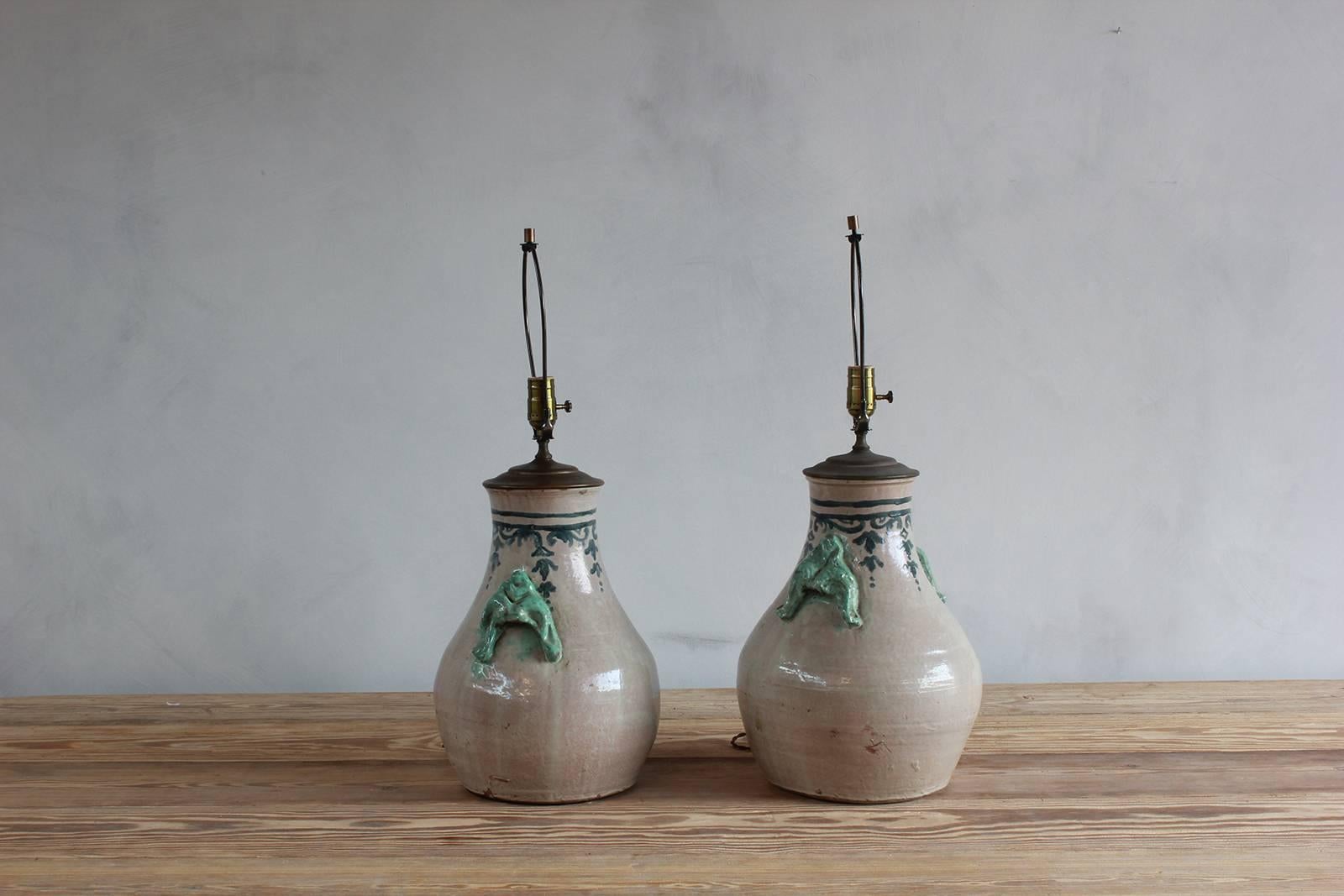 Mid-20th Century Pair of Ceramic Lamps with Celadon Glazed Embellishments and Blue Details