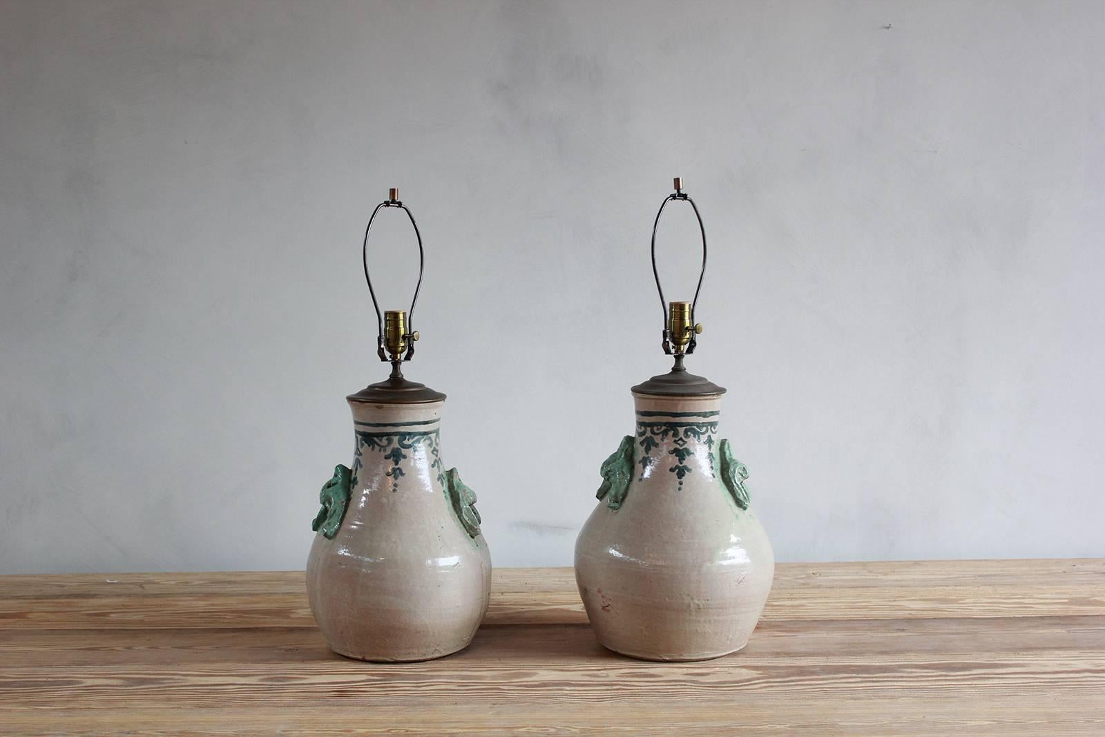 Pair of Ceramic Lamps with Celadon Glazed Embellishments and Blue Details 2