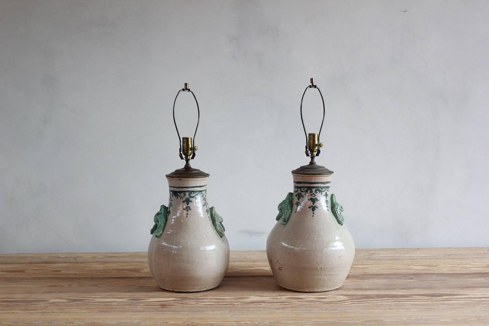 Pair of Ceramic Lamps with Celadon Glazed Embellishments and Blue Details 3