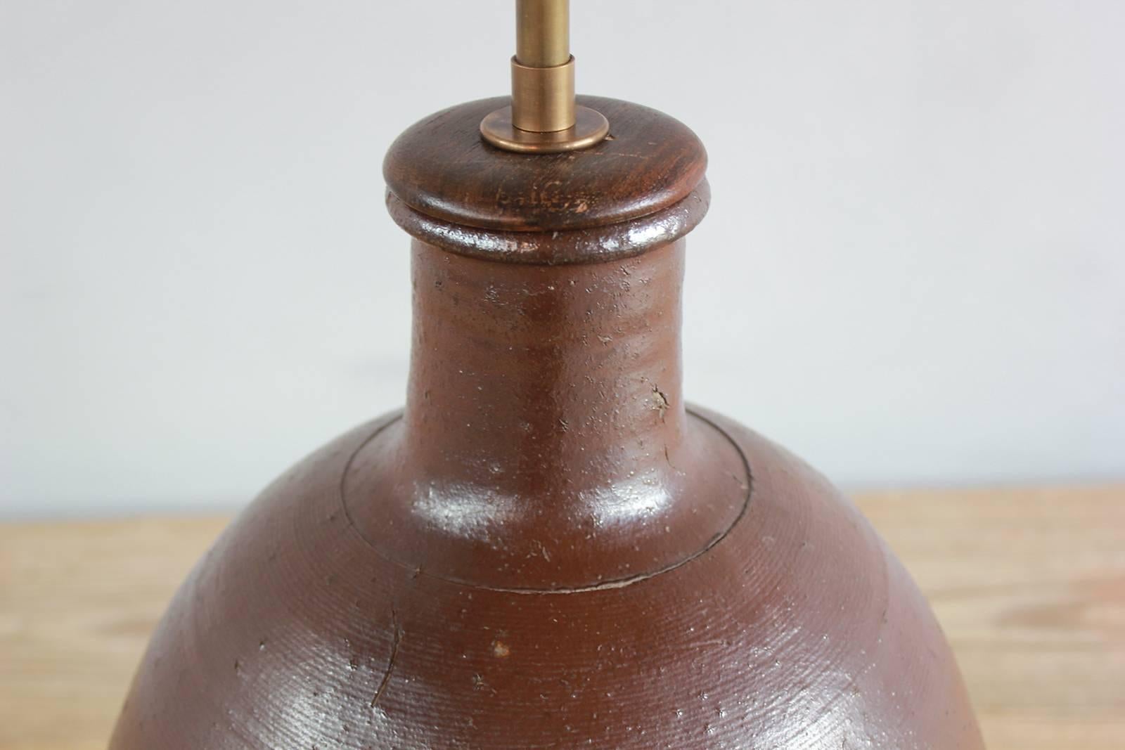 Ceramic handmade brown glazed table lamp.