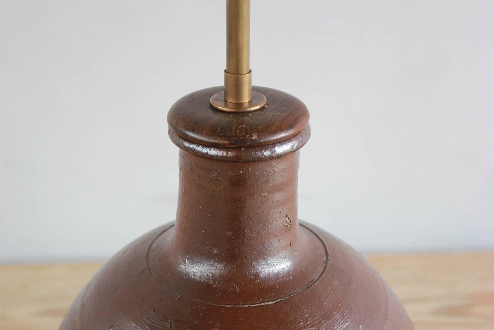 Mid-20th Century Ceramic Handmade Brown Glazed Table Lamp