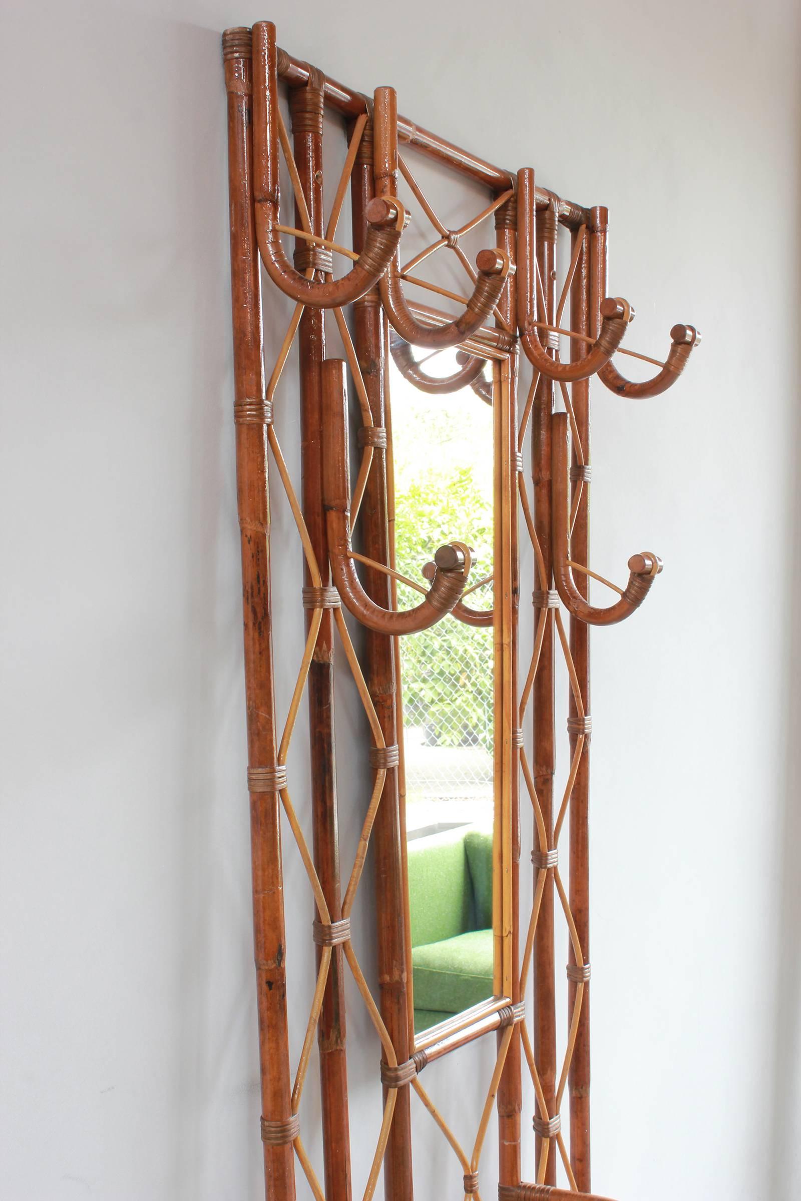 Mid-20th Century French Bamboo Tree Coat Rack with Built in Mirror and Umbrella Stand