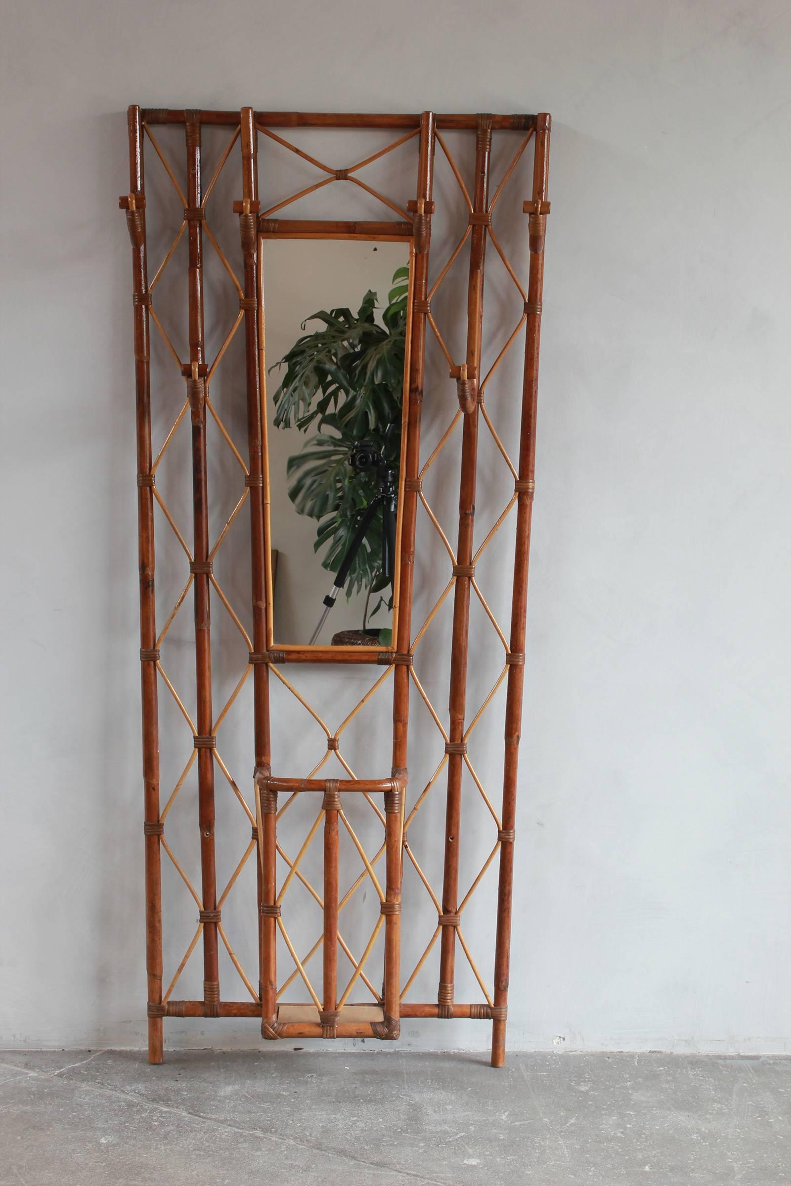 French bamboo tree coat rack with built in mirror and umbrella stand.