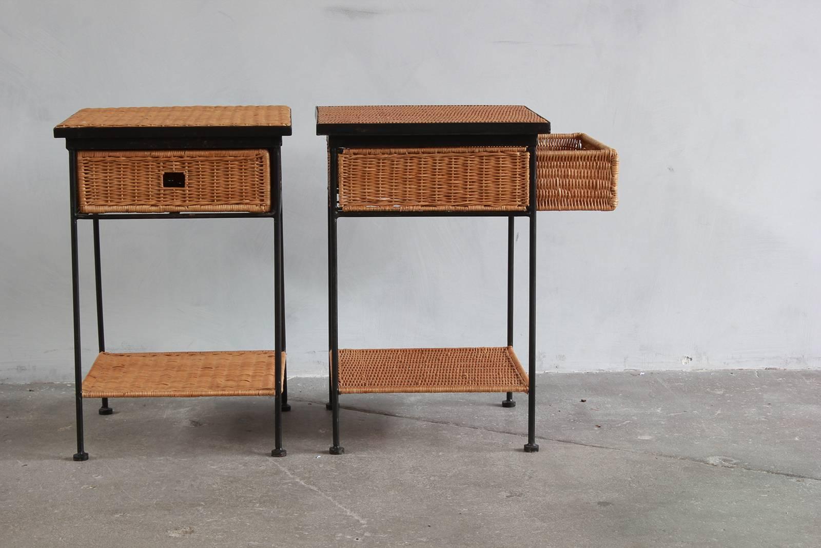 Late 20th Century Pair of Iron and Wicker Side Tables