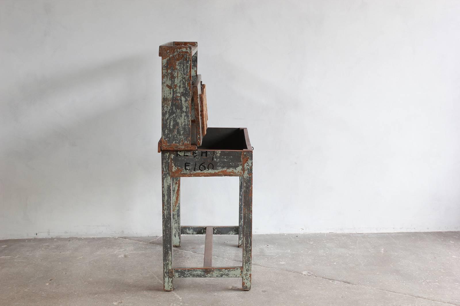 Rustic Painted Work Table with Upper Shelves and Hidden Compartment In Distressed Condition In Los Angeles, CA