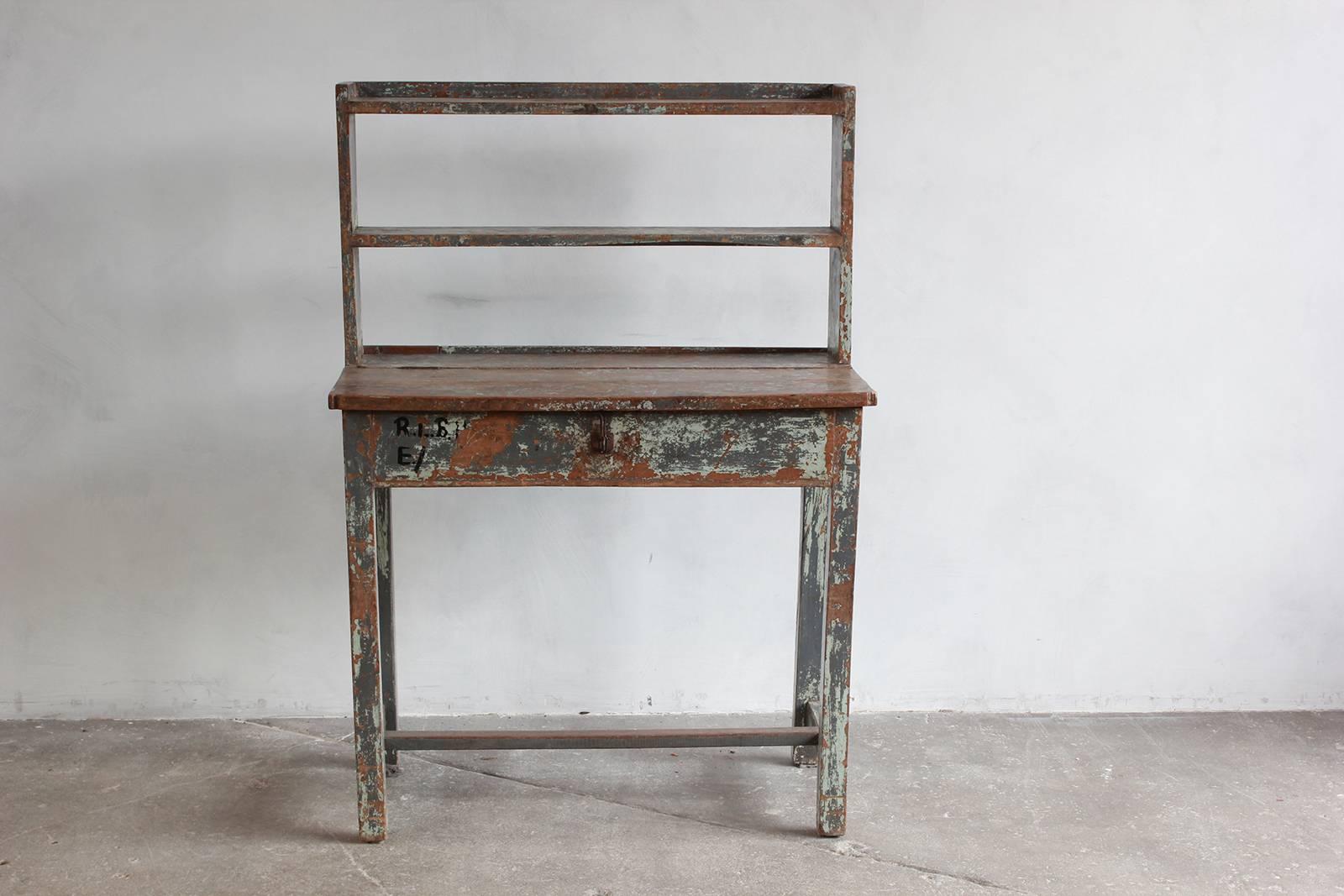 Mid-20th Century Rustic Painted Work Table with Upper Shelves and Hidden Compartment