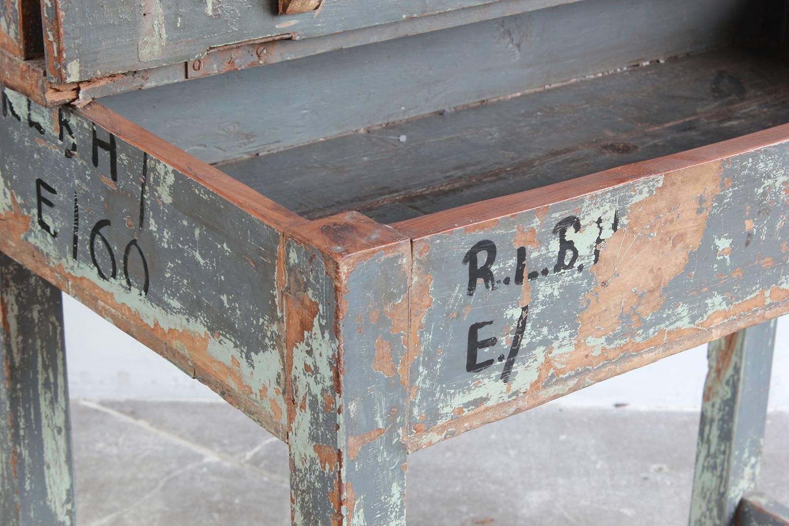 Rustic Painted Work Table with Upper Shelves and Hidden Compartment 3