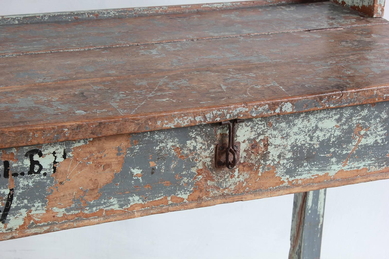 Rustic Painted Work Table with Upper Shelves and Hidden Compartment 4